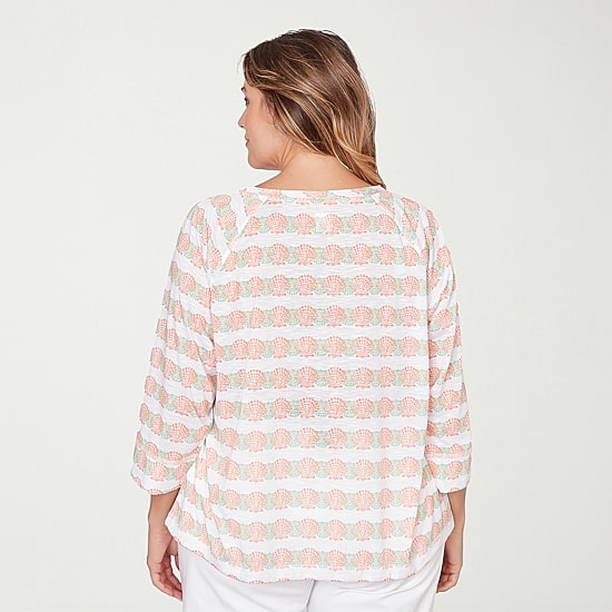 Hearts Of Palm Raglan Striped Drawstring Womens Plus Crew Neck 3/4 Sleeve Embellished Peasant Top