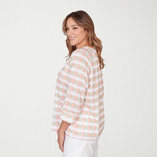 Hearts Of Palm Raglan Striped Drawstring Womens Plus Crew Neck 3/4 Sleeve Embellished Peasant Top