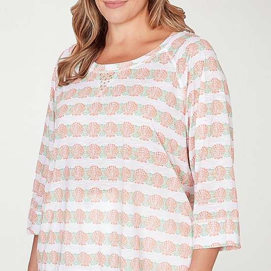 Hearts Of Palm Raglan Striped Drawstring Womens Plus Crew Neck 3/4 Sleeve Embellished Peasant Top