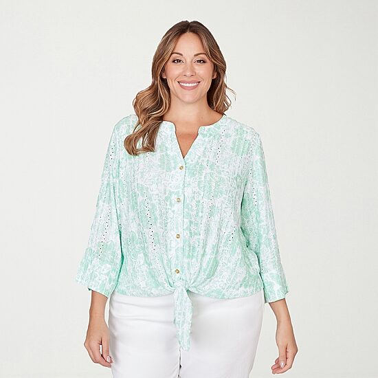 Hearts Of Palm Tie Front Floral Womens Plus Split Crew Neck Fitted 3/4 Sleeve Regular Fit Button-Down Shirt