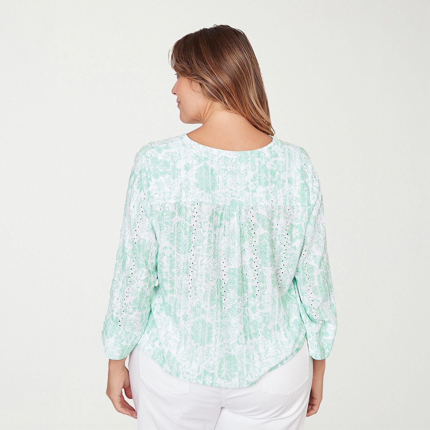 Hearts Of Palm Tie Front Floral Womens Plus Split Crew Neck Fitted 3/4 Sleeve Regular Fit Button-Down Shirt