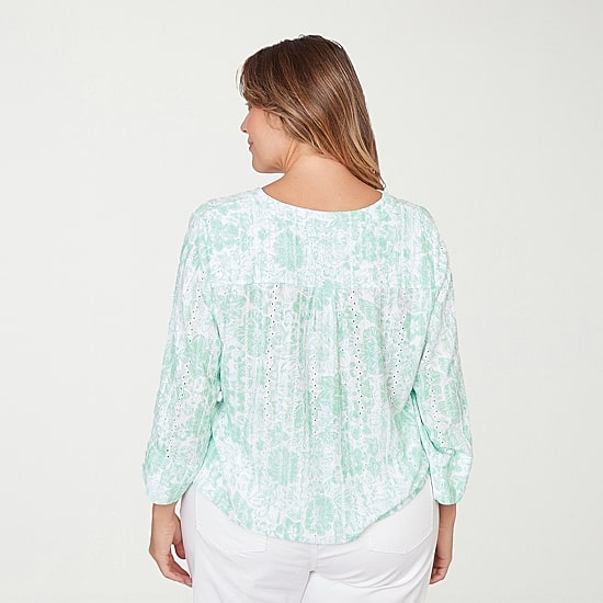 Hearts Of Palm Tie Front Floral Womens Plus Split Crew Neck Fitted 3/4 Sleeve Regular Fit Button-Down Shirt