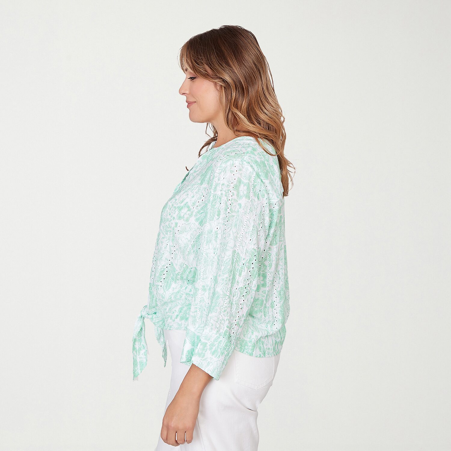 Hearts Of Palm Tie Front Floral Womens Plus Split Crew Neck Fitted 3/4 Sleeve Regular Fit Button-Down Shirt