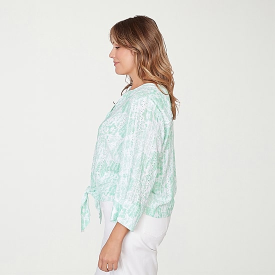 Hearts Of Palm Tie Front Floral Womens Plus Split Crew Neck Fitted 3/4 Sleeve Regular Fit Button-Down Shirt