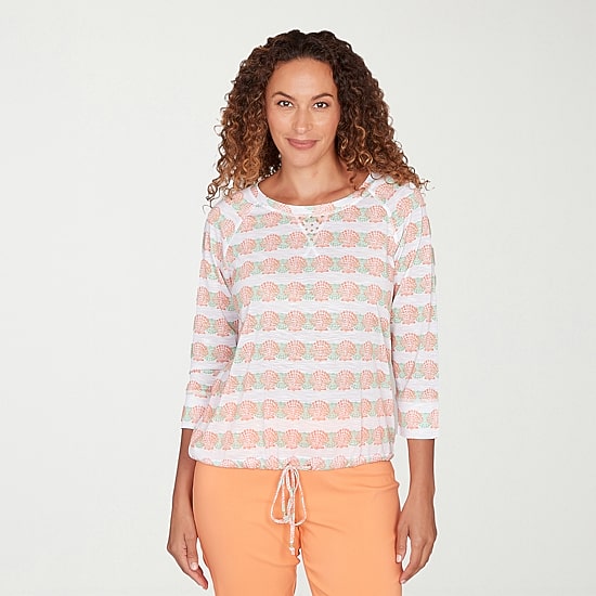 Hearts Of Palm Embellished Drawstring Womens Crew Neck 3/4 Sleeve Embellished Peasant Top