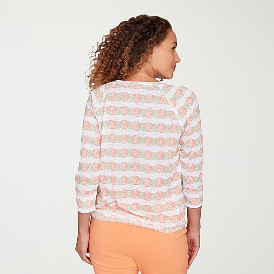 Hearts Of Palm Embellished Drawstring Womens Crew Neck 3/4 Sleeve Embellished Peasant Top