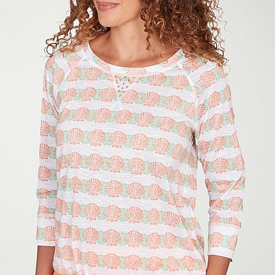 Hearts Of Palm Embellished Drawstring Womens Crew Neck 3/4 Sleeve Embellished Peasant Top