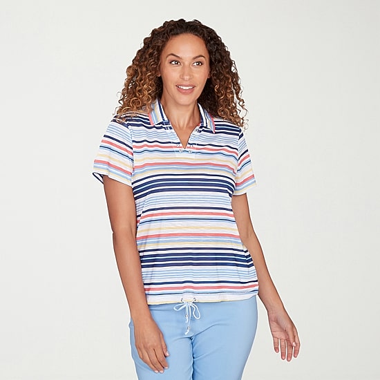 Hearts Of Palm Open Collar Drawstring Womens Short Sleeve Polo Shirt