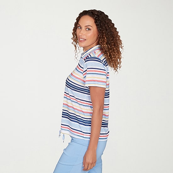 Hearts Of Palm Open Collar Drawstring Womens Short Sleeve Polo Shirt