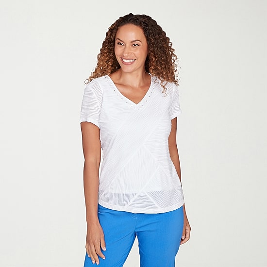 Hearts Of Palm Embellished Textured Womens V Neck Short Sleeve Blouse
