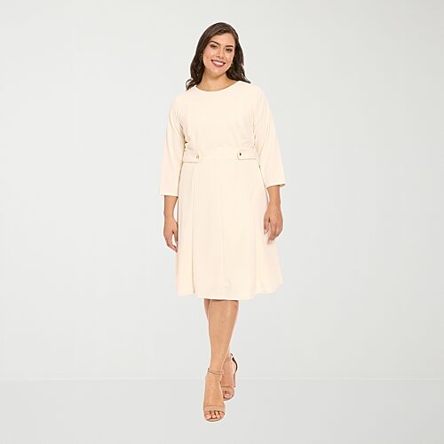 London Times Womens Plus Midi Round Neck 3/4 Sleeve Fitted Fit + Flare Dress In Gold