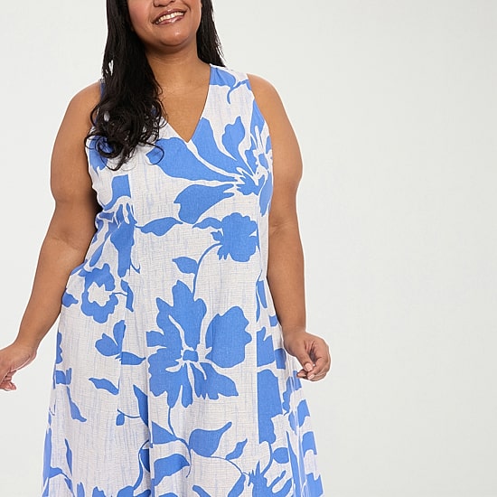 London Times Womens Plus Midi V Neck Sleeveless Floral Fit + Flare Dress