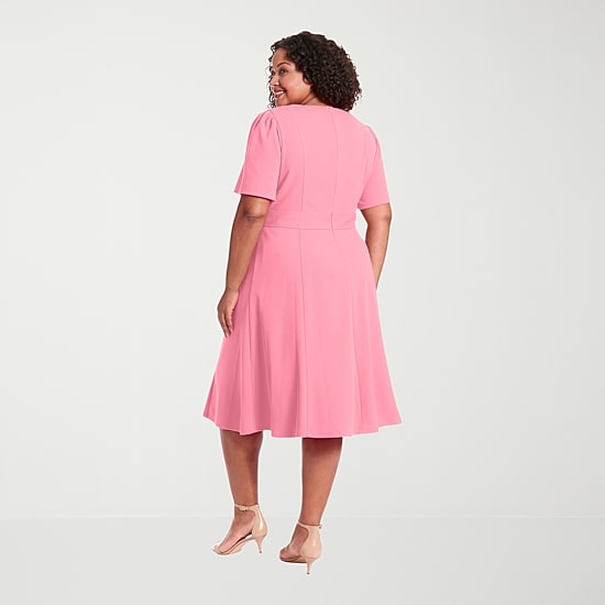 London Times Womens Plus Midi Round Neck Short Sleeve Puffed Fit + Flare Dress