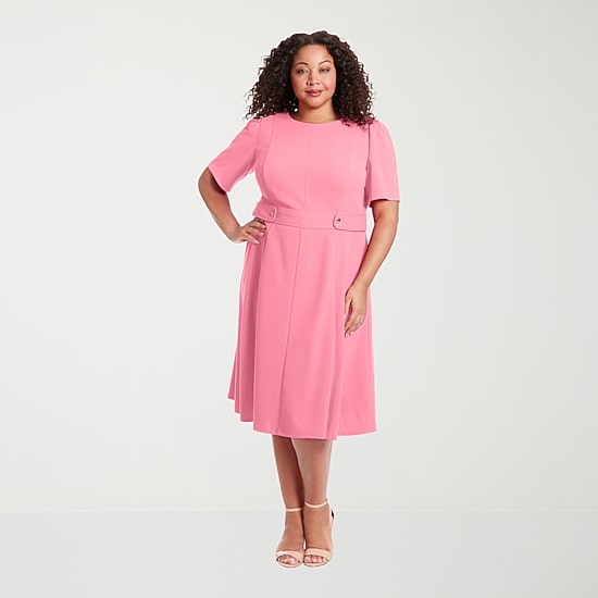 London Times Womens Plus Midi Round Neck Short Sleeve Puffed Fit + Flare Dress