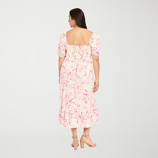 London Times Womens Plus Midi Square Neck Short Sleeve Floral Fit + Flare Dress