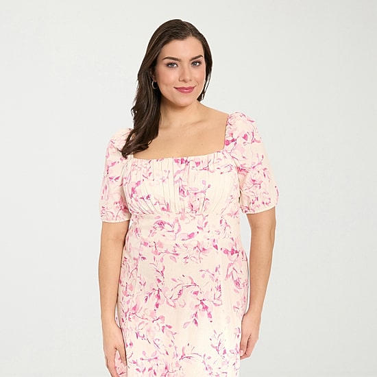 London Times Womens Plus Midi Square Neck Short Sleeve Floral Fit + Flare Dress