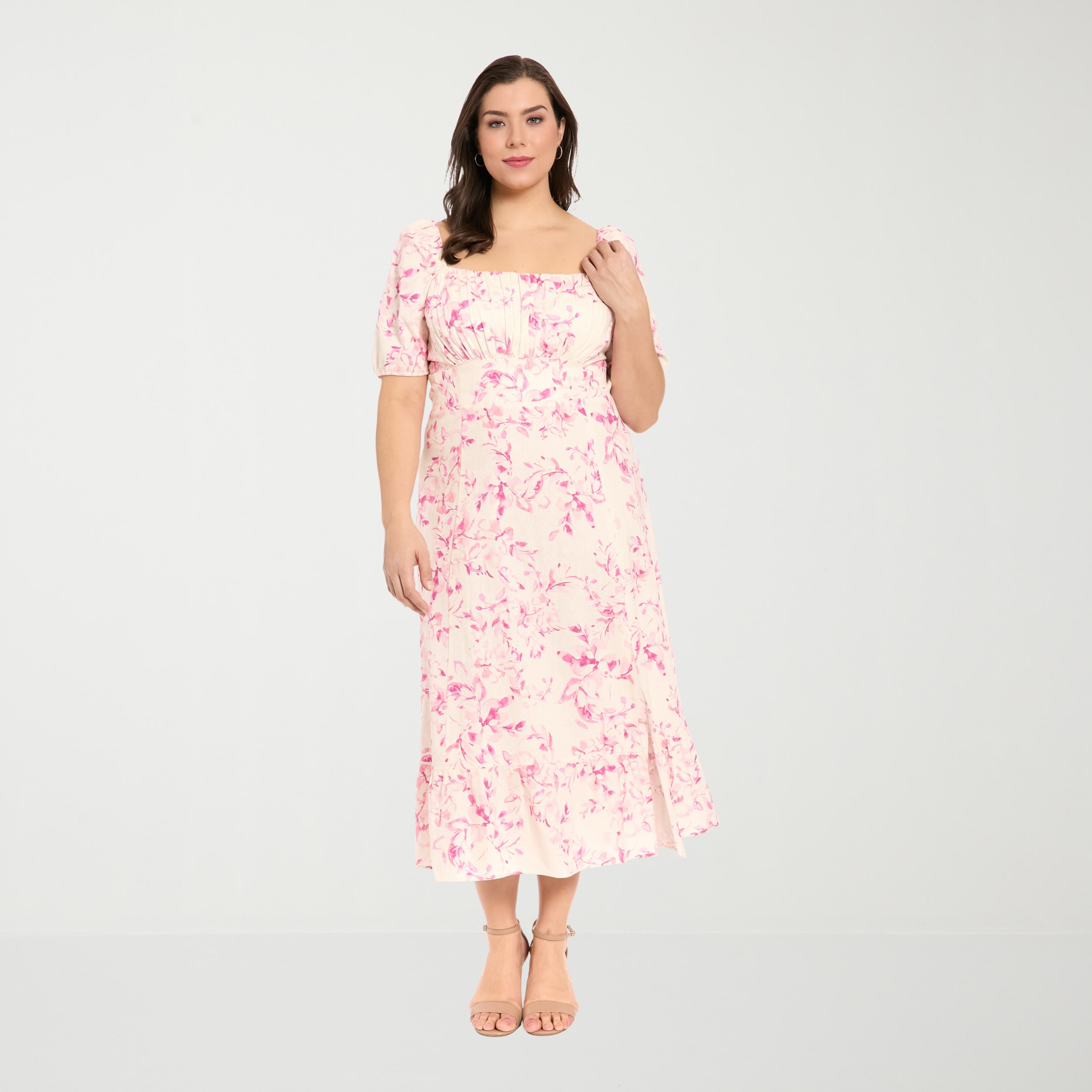 London Times Womens Plus Midi Square Neck Short Sleeve Floral Fit + Flare Dress