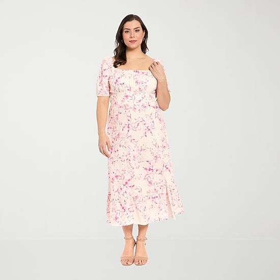 London Times Womens Plus Midi Square Neck Short Sleeve Floral Fit + Flare Dress