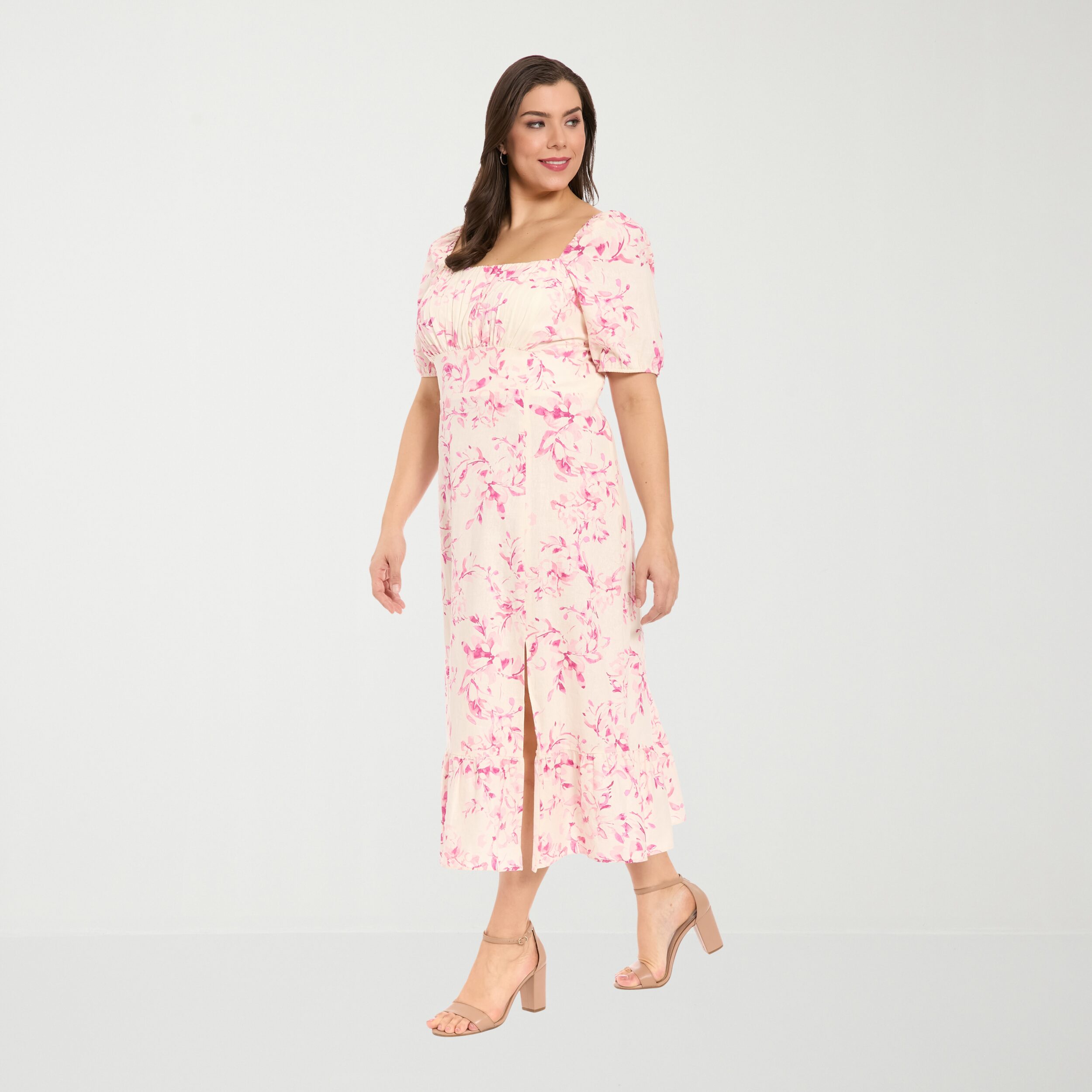 London Times Womens Plus Midi Square Neck Short Sleeve Floral Fit + Flare Dress