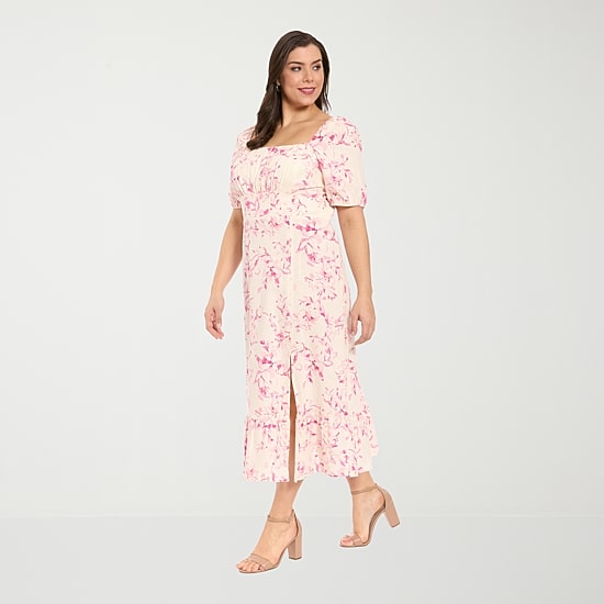 London Times Womens Plus Midi Square Neck Short Sleeve Floral Fit + Flare Dress