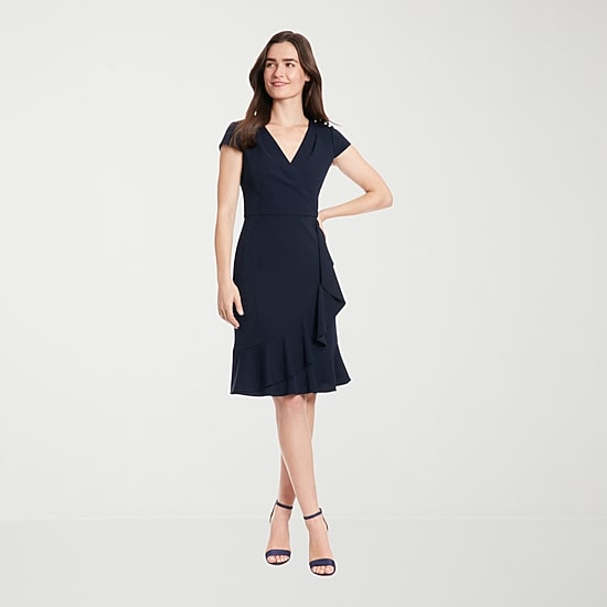 London Times Womens Petite V Neck Short Sleeve Cap Fit + Flare Dress