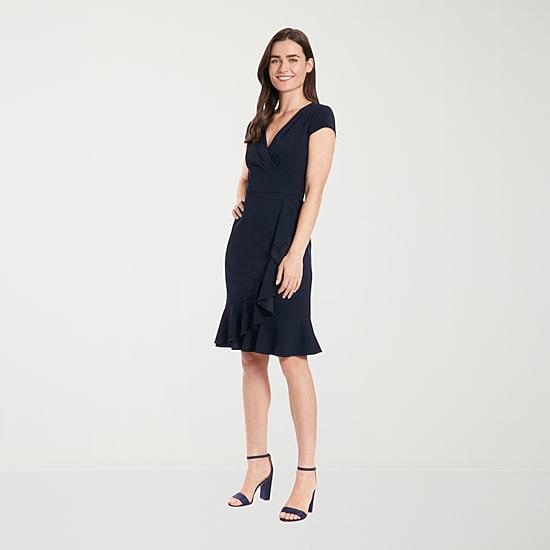 London Times Womens Petite V Neck Short Sleeve Cap Fit + Flare Dress