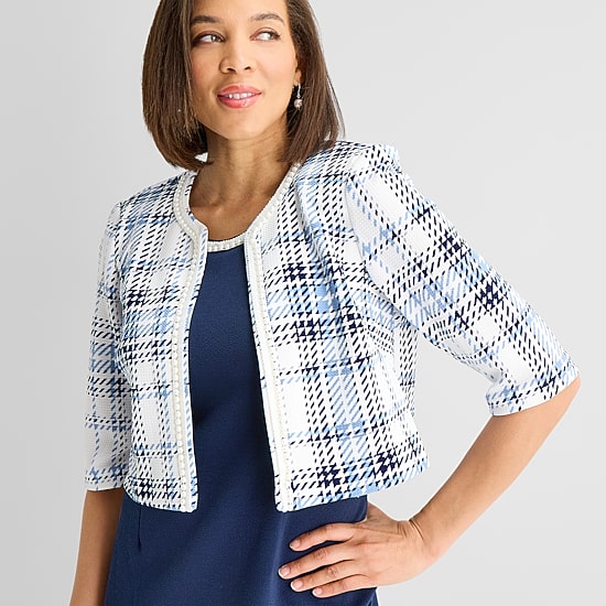 Maya Brooke Womens Embellished Plaid Jacket Dress