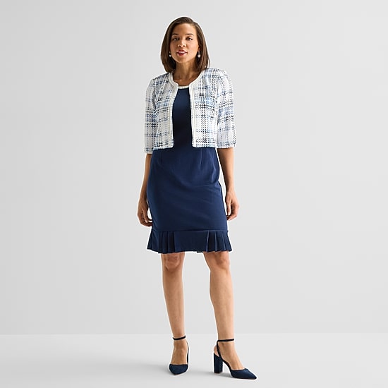 Maya Brooke Womens Embellished Plaid Jacket Dress