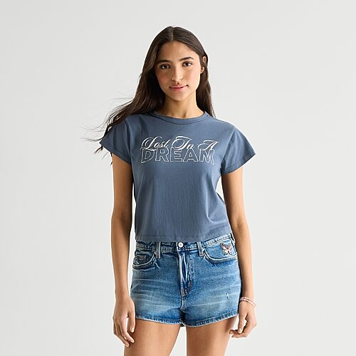 Arizona Womens Juniors Round Neck Short Sleeve Classic Fit Graphic T-shirt In Blue