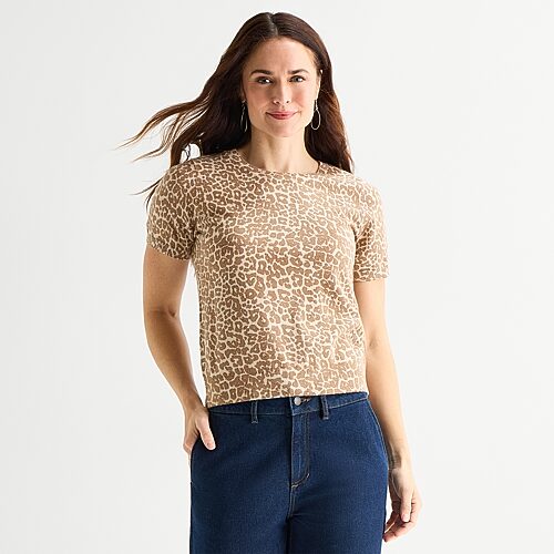 Liz Claiborne Womens Crew Neck Short Sleeve Pullover Sweater In Brown