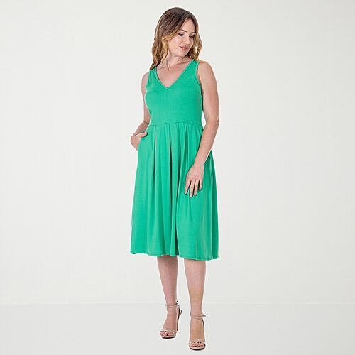 24seven Comfort Apparel Womens Midi V Neck Sleeveless Fit + Flare Dress In Green