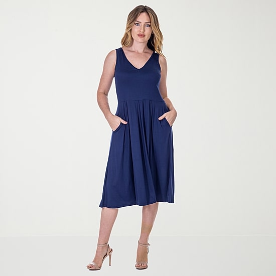 24seven Comfort Apparel Womens Midi V Neck Sleeveless Fit + Flare Dress