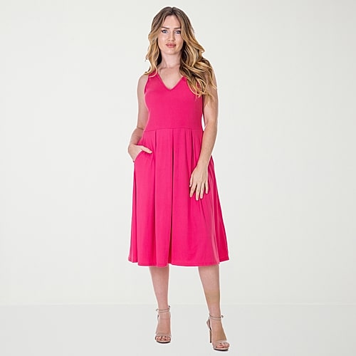 24seven Comfort Apparel Womens Midi V Neck Sleeveless Fit + Flare Dress In Pink