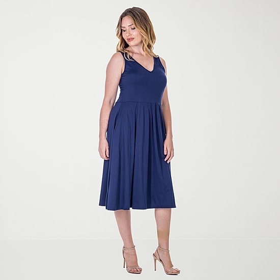 24seven Comfort Apparel Womens Midi V Neck Sleeveless Fit + Flare Dress