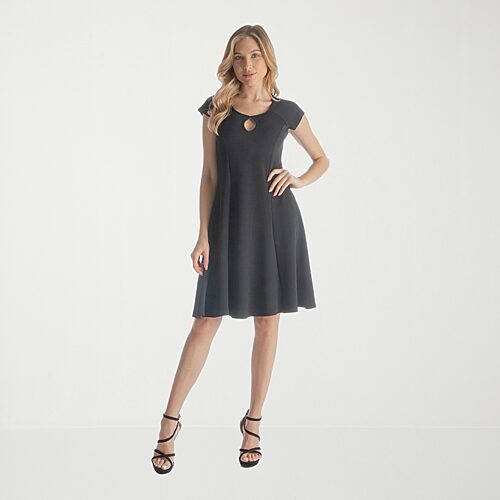 24seven Comfort Apparel Womens Keyhole Neck Short Sleeve Cap Fit + Flare Dress, X-large, Black