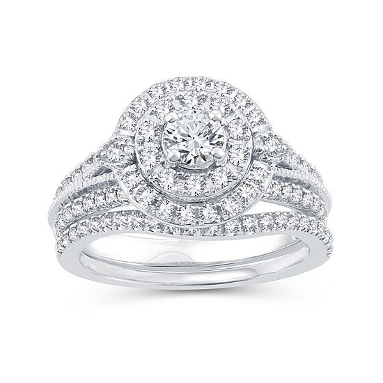 Womens 1 CT. T.W. Natural Diamond 10K Gold Round Side Stone Halo Bridal Set