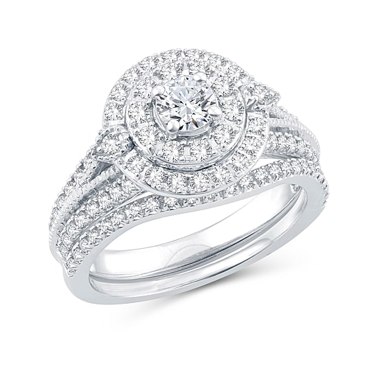 Womens 1 CT. T.W. Natural Diamond 10K Gold Round Side Stone Halo Bridal Set