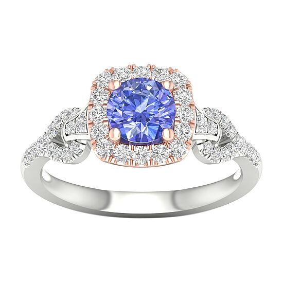 Modern Bride Gemstone Womens 1/3 CT. T.W. Genuine Blue Tanzanite 10K Gold Cushion Side Stone Halo Engagement Ring