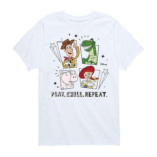 Disney Collection Little & Big Kid Boys Crew Neck Short Sleeve Regular Fit Buzz Lightyear Jessie Rex Graphic T-Shirt, X-large, White