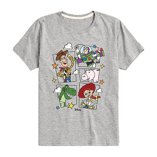 Disney Collection Little & Big Kid Boys Crew Neck Short Sleeve Regular Fit Buzz Lightyear Jessie Rex Graphic T-Shirt, X-large, Gray
