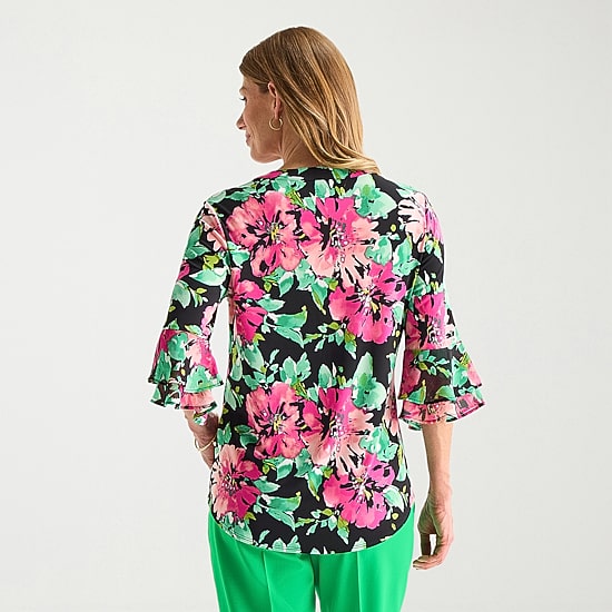 Black Label by Evan-Picone Womens Split Crew Neck 3/4 Sleeve Blouse