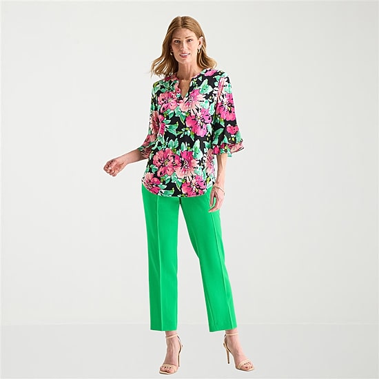 Black Label by Evan-Picone Womens Split Crew Neck 3/4 Sleeve Blouse