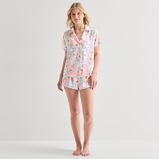 Arizona Body Womens Satin Short Sleeve 2-pc. Juniors Pajama Set