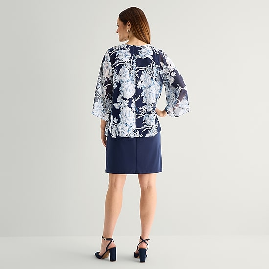 Studio One 3/4 Sleeve Floral Faux-Jacket Dress With Removable Necklace