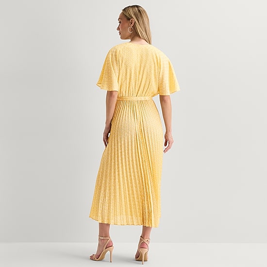 Studio 1 Womens Midi V Neck Short Sleeve Kimono Dots Fit + Flare Dress