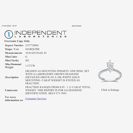 1 CT. Lab-Grown (G / SI1-SI2) Diamond Marquise-cut Solitaire Engagement Ring in 10K or 14K Gold