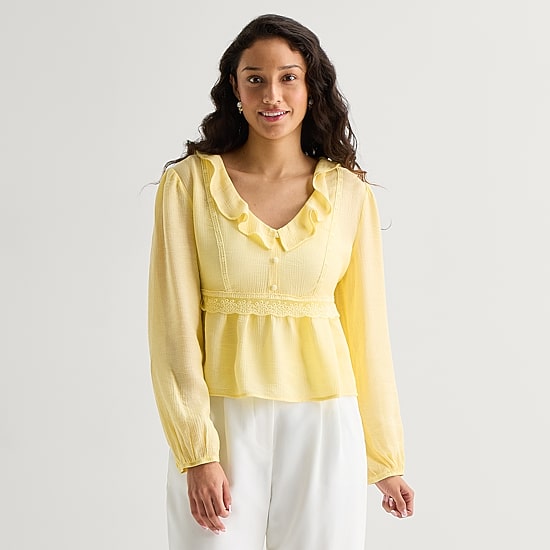 by&by Womens Juniors V Neck Long Sleeve Blouse