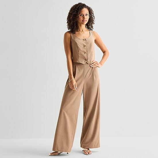 by&by Womens Juniors Wide Leg Mid Rise Flat Front Pant
