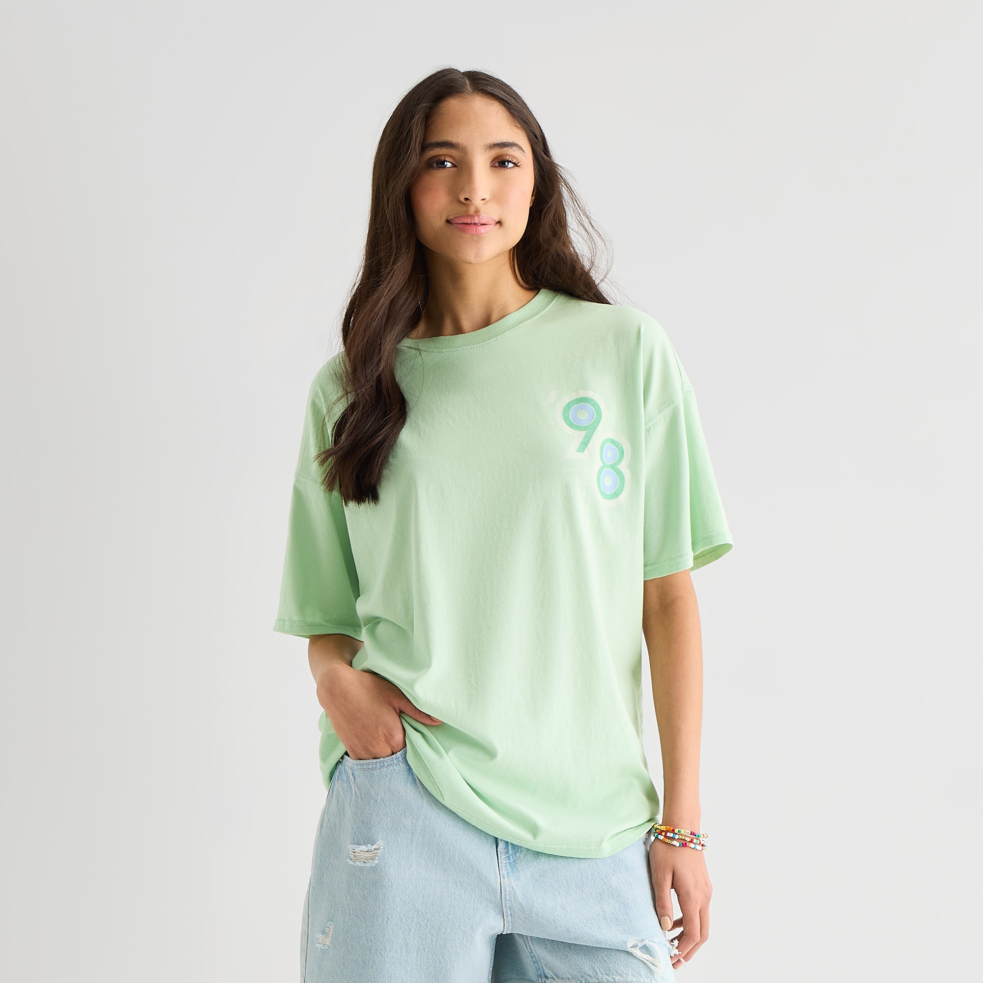Arizona Womens Juniors Round Neck Short Sleeve Oversized Graphic T-Shirt