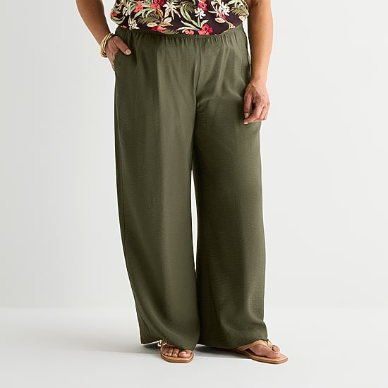 Liz Claiborne Womens Plus Wide Leg Mid Rise Pull-On Pant